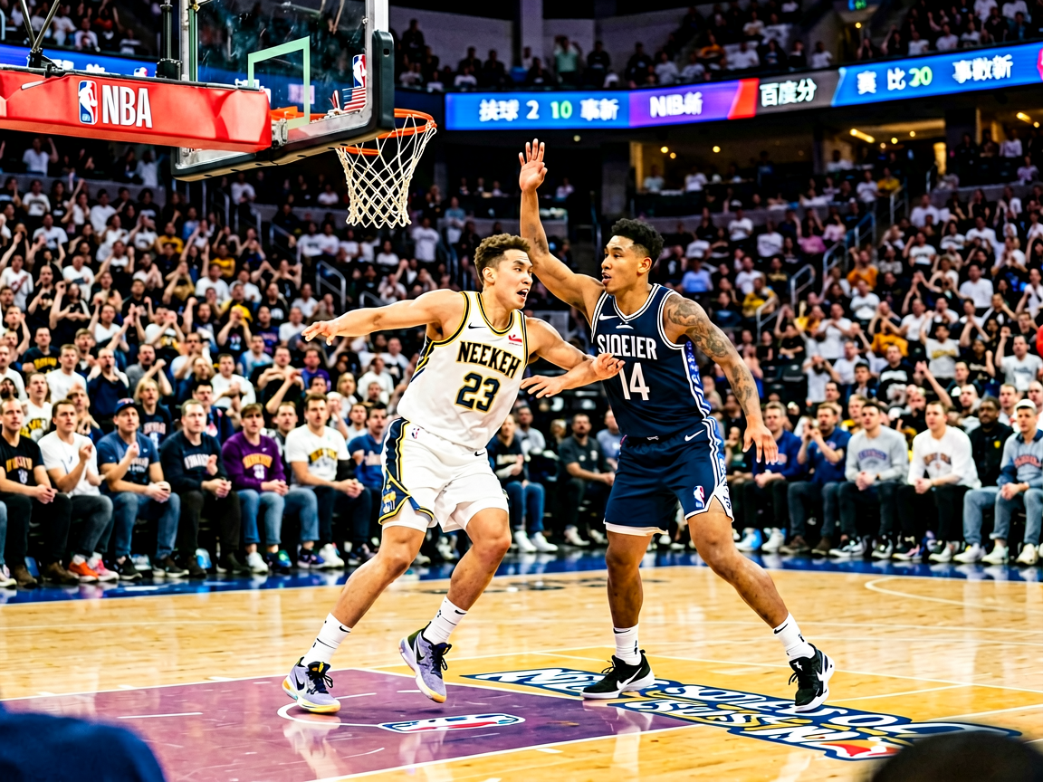 篮球场馆内正在进行NBA比赛，球员在场上激烈对抗，观众热情观赛